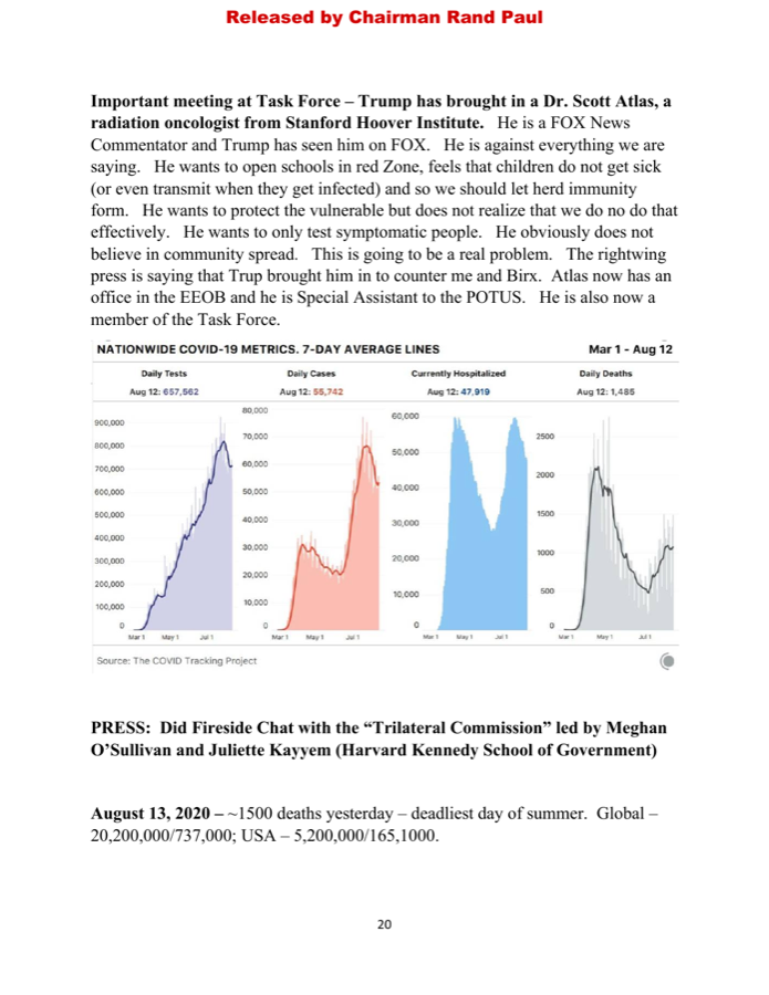 Fauci diary page — August 12-13, 2020 entry on Scott Atlas joining the Task Force