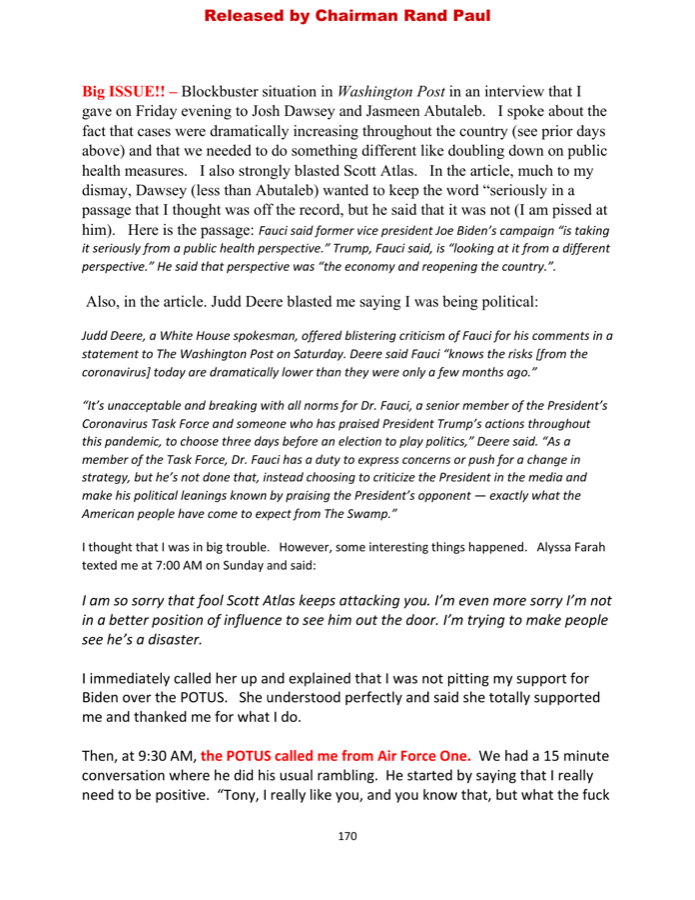 Fauci diary page — late October 2020 entry on the Washington Post interview and blasting Scott Atlas