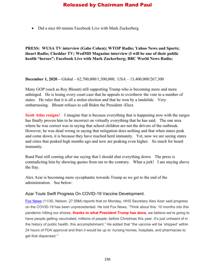 Fauci diary page — December 1, 2020 entry on Scott Atlas resignation