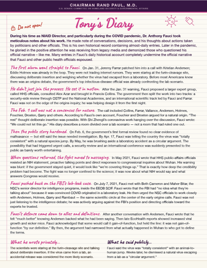 Tony's Diary — released by Chairman Rand Paul, U.S. Senate Committee on Homeland Security and Governmental Affairs