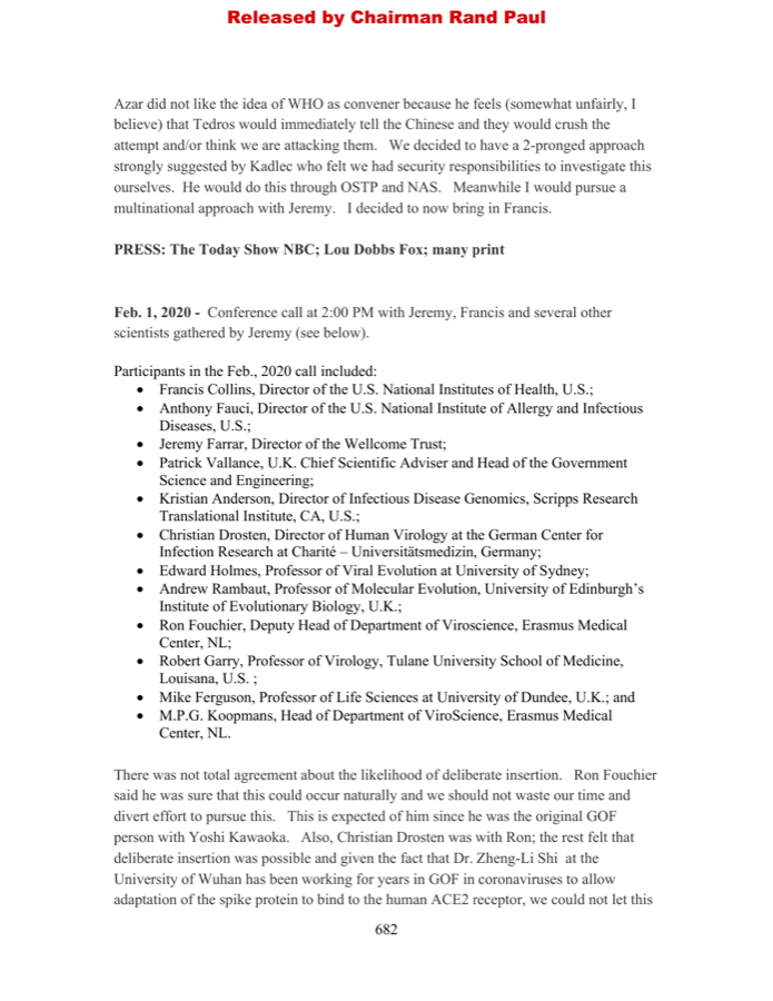 Fauci diary page — February 1, 2020 entry on the emergency teleconference with participants listed