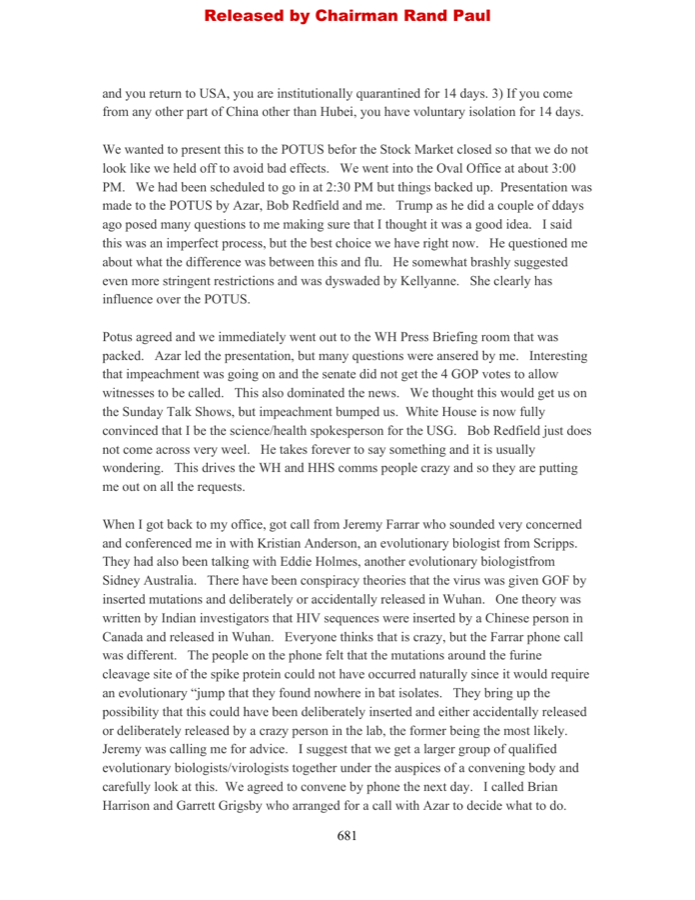 Fauci diary page — January 31, 2020 entry describing the call with Farrar, Andersen, and Holmes about the furin cleavage site